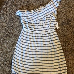 Old Navy chambray/white striped one shoulder dress